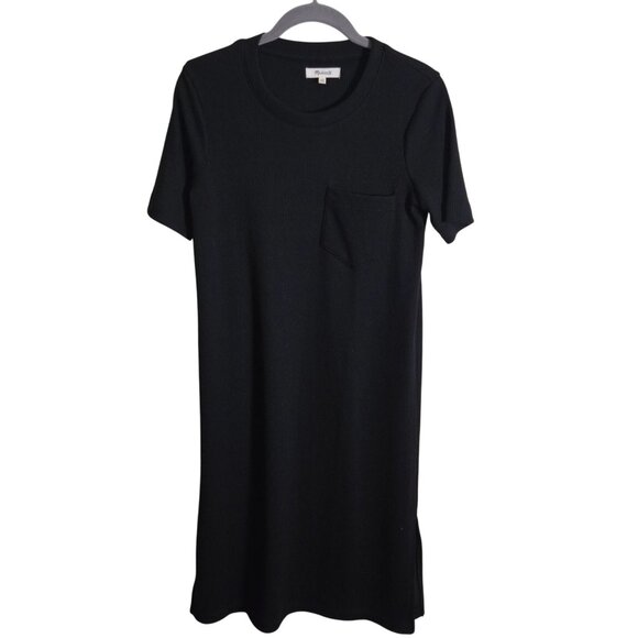 Madewell Black Short Sleeves Ribbed Pocket Tee Midi Dress Slit Sides Size XS - Picture 2 of 10
